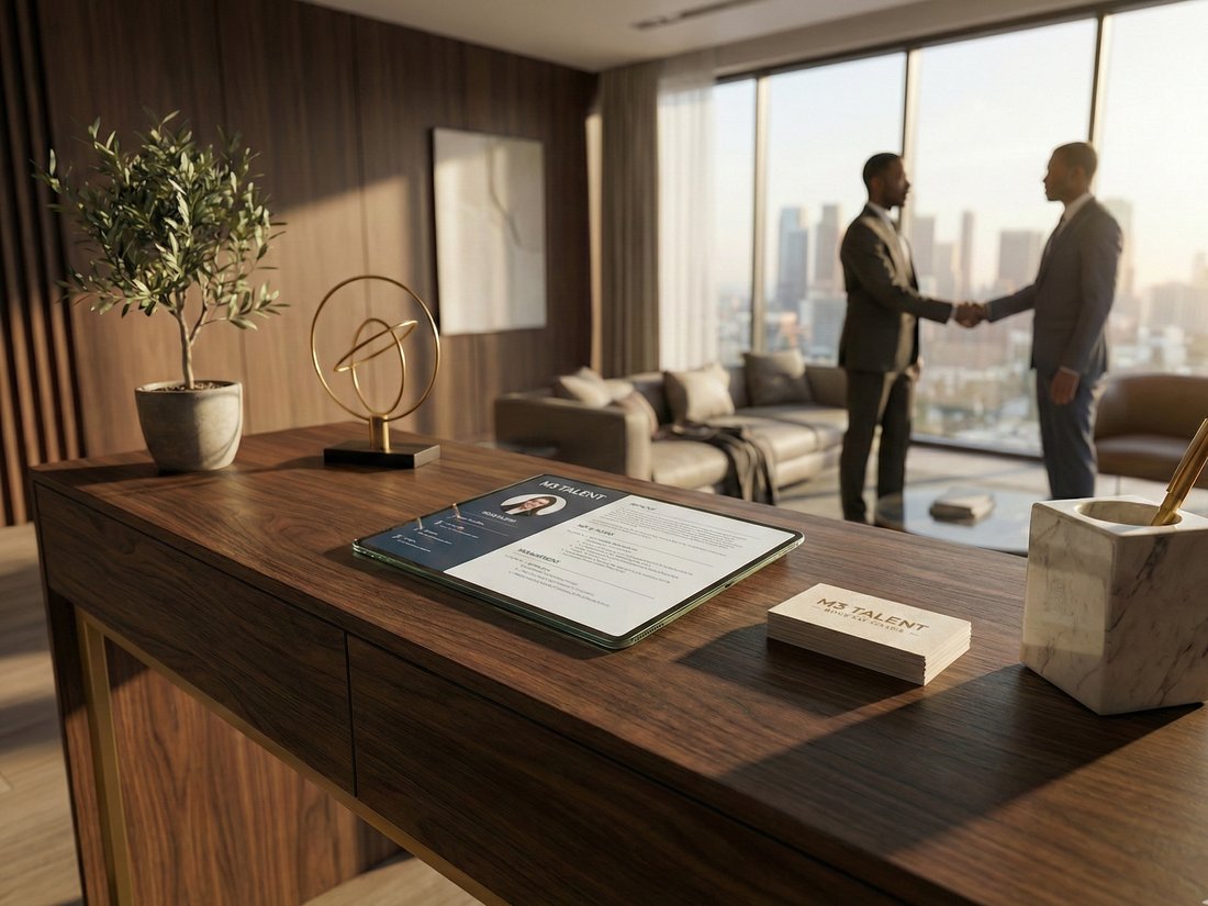 Talent recruitment — professionals shaking hands in modern office